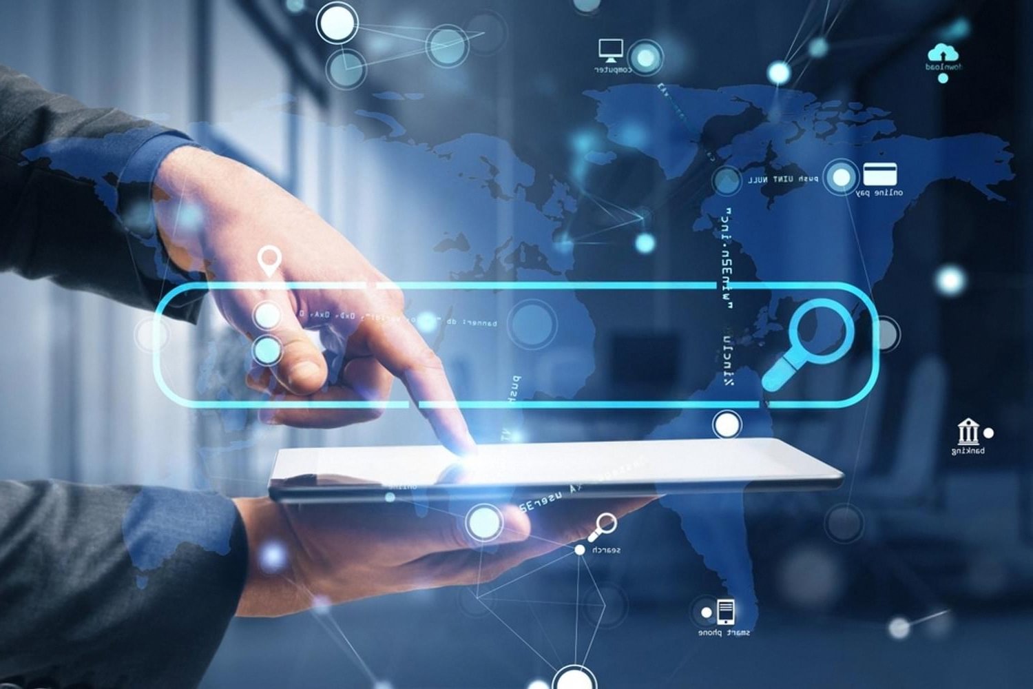 Hands using a tablet with a glowing search bar overlay and world map, symbolising searching for an available .ae domain name