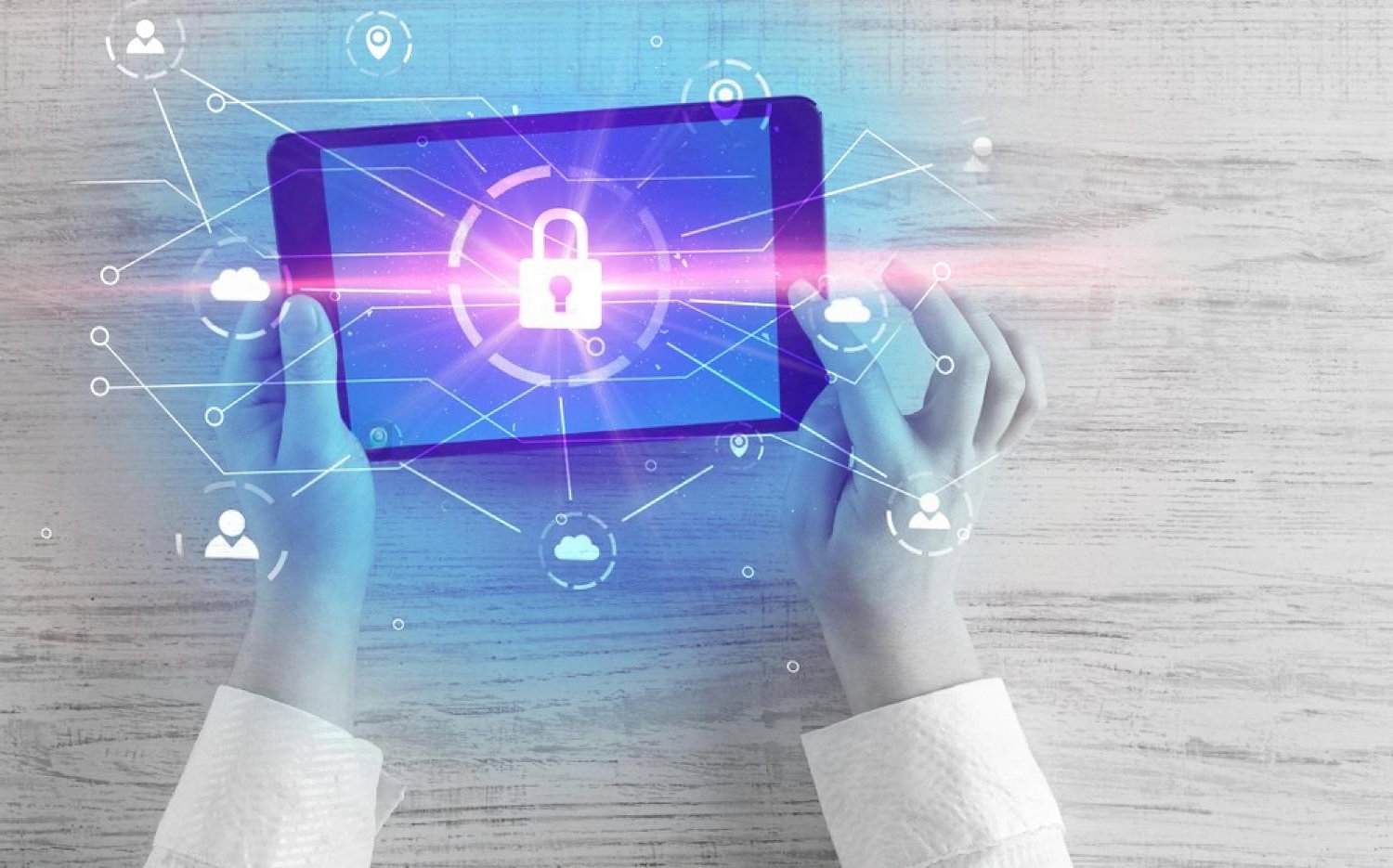 Hands holding a tablet displaying a padlock icon inside a connected network, representing a secured .ae domain and online identity